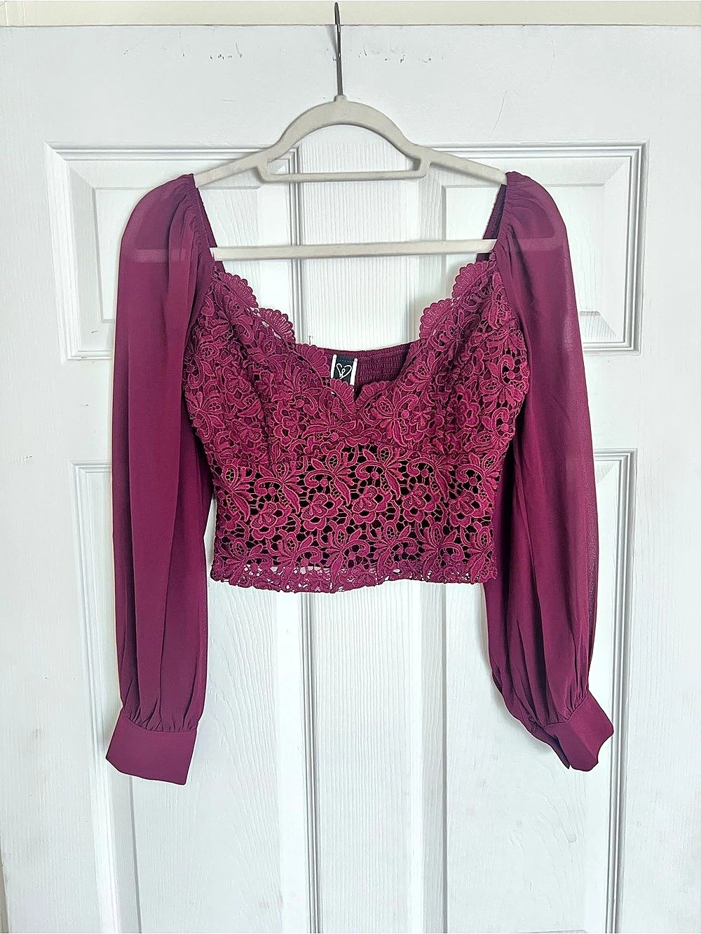 NWOT Windsor Sheer Detail Floral Lace Long Sleeve Crop Top Small